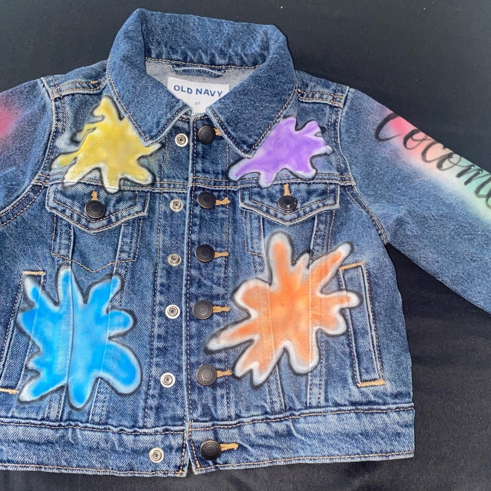 Old Navy Blue and Yellow Jean Jacket with Artistic Flair